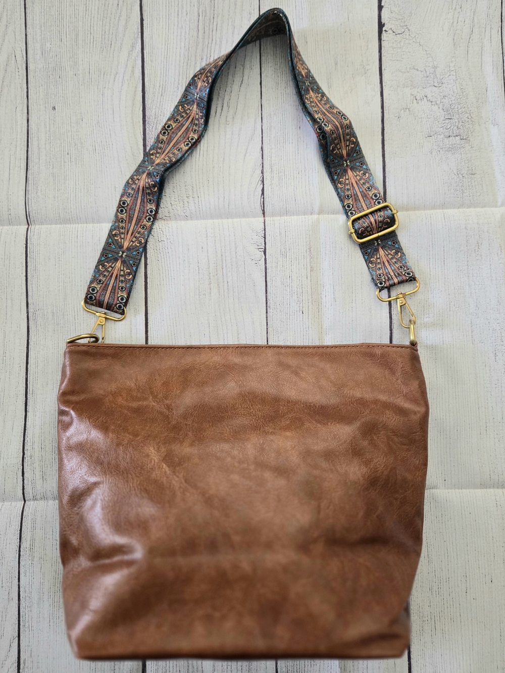 Brown Leather-Look Crossbody Bag with Decorative Strap